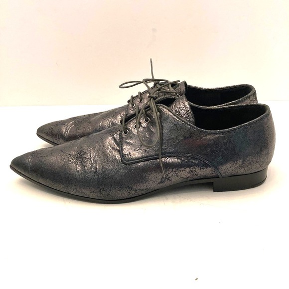 Miu Miu Oxford Lace Up Waxed Leather Metallic Crinkle Womens‎ 9.5 EU 39.5 - Picture 7 of 11